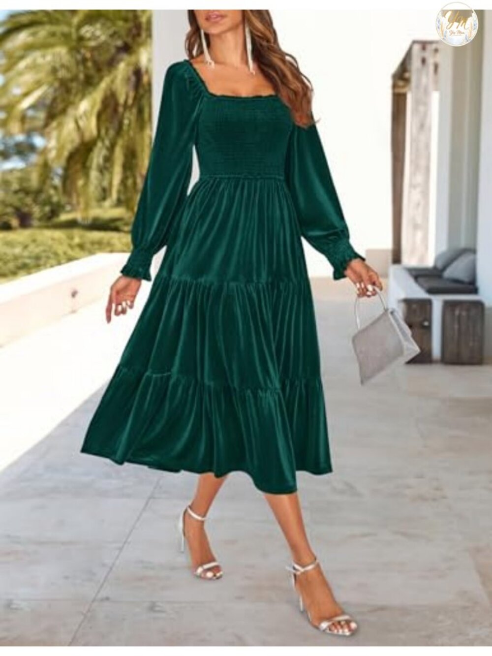ZESICA Velvet Long Sleeve Square Neck Midi Cocktail Party Dress - Picture 3 of 6